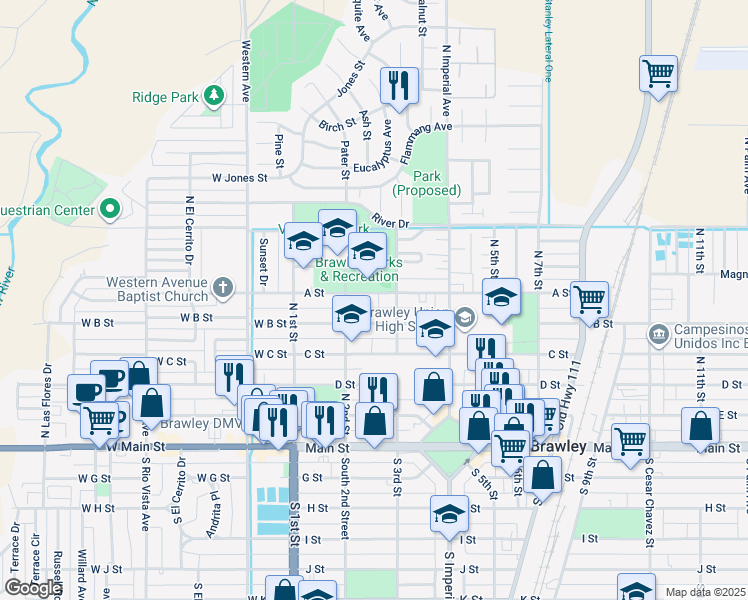 map of restaurants, bars, coffee shops, grocery stores, and more near 285 B Street in Brawley