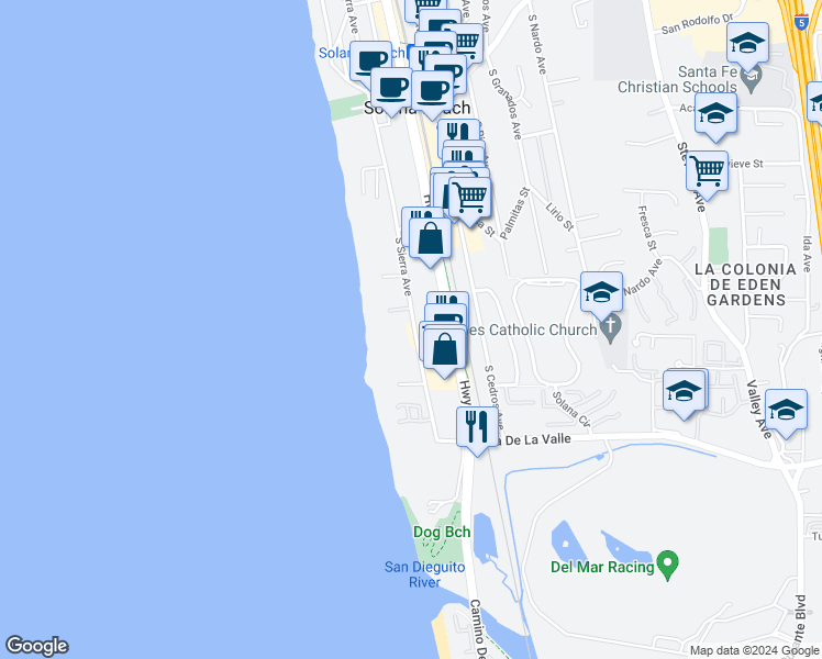 map of restaurants, bars, coffee shops, grocery stores, and more near 675 South Sierra Avenue in Solana Beach