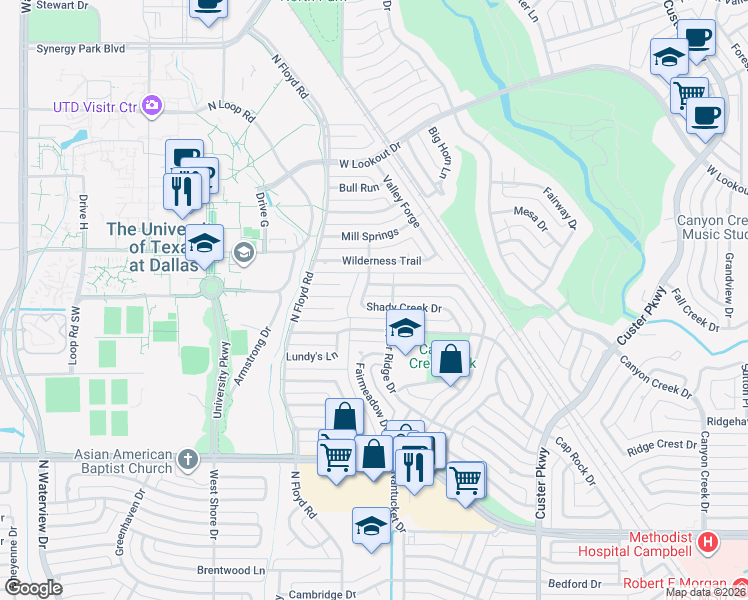 map of restaurants, bars, coffee shops, grocery stores, and more near 2303 Shady Creek Drive in Richardson