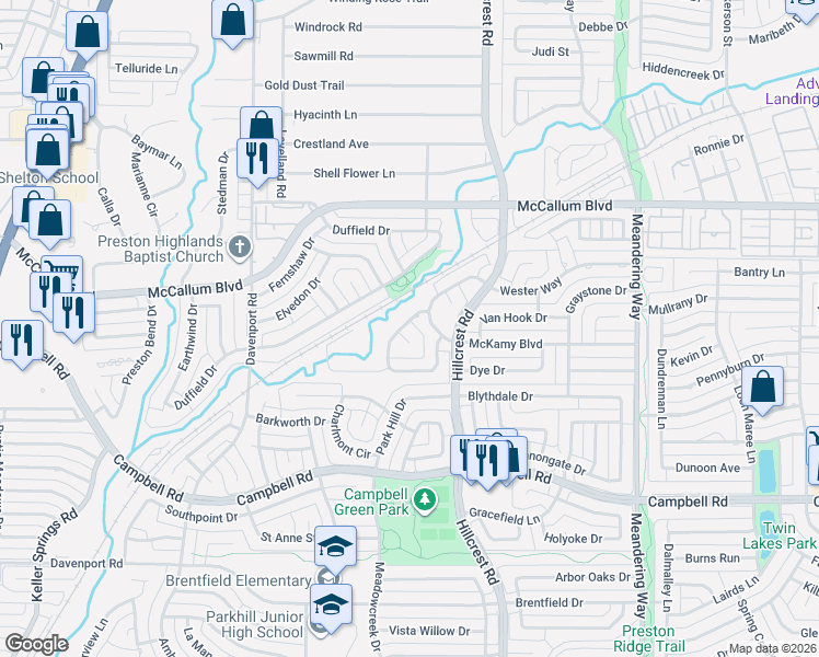 map of restaurants, bars, coffee shops, grocery stores, and more near 17107 Spanky Place in Dallas