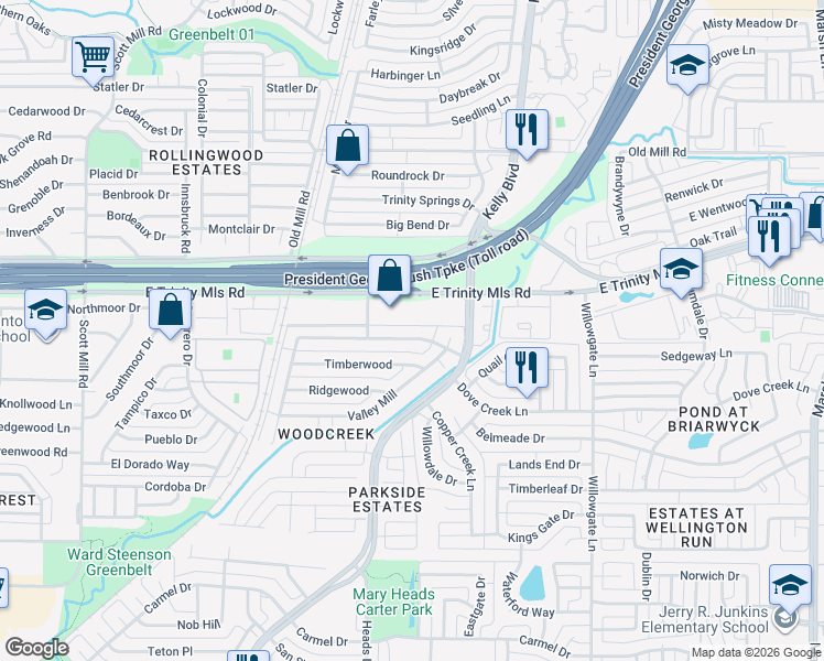 map of restaurants, bars, coffee shops, grocery stores, and more near 2264 Woodcreek in Carrollton