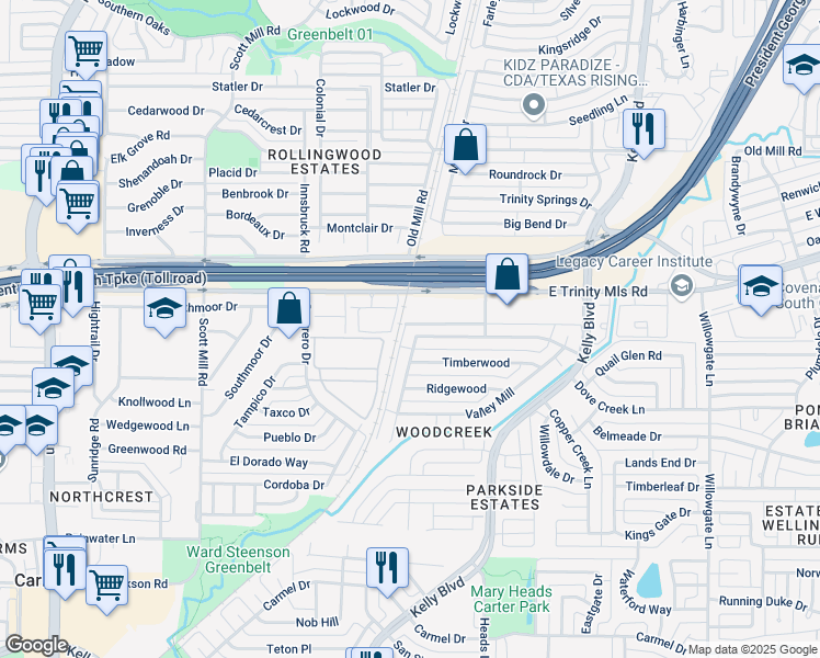 map of restaurants, bars, coffee shops, grocery stores, and more near 2225 Woodcreek Street in Carrollton
