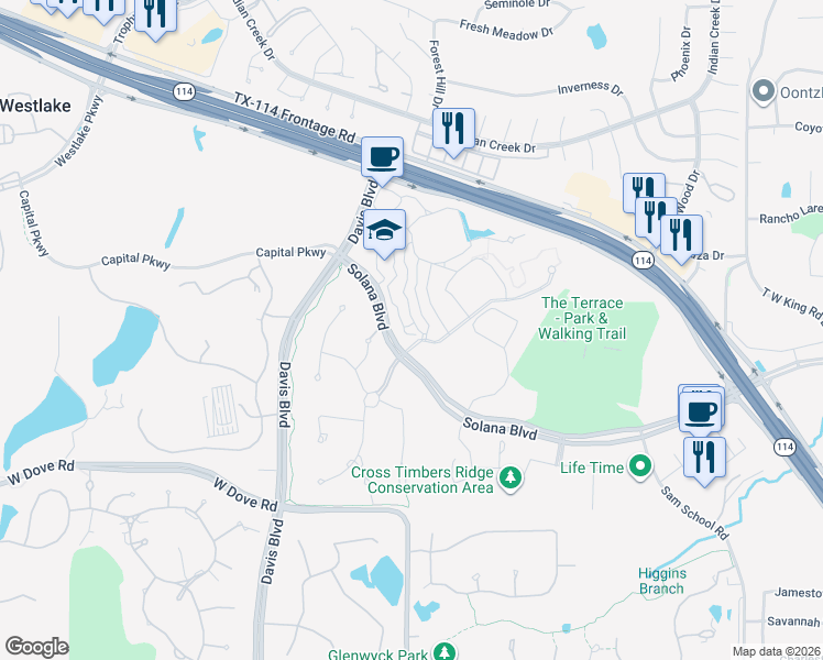 map of restaurants, bars, coffee shops, grocery stores, and more near 73 Cortes Drive in Westlake