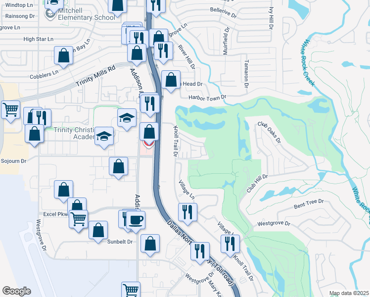map of restaurants, bars, coffee shops, grocery stores, and more near 17250 Knoll Trail Drive in Dallas