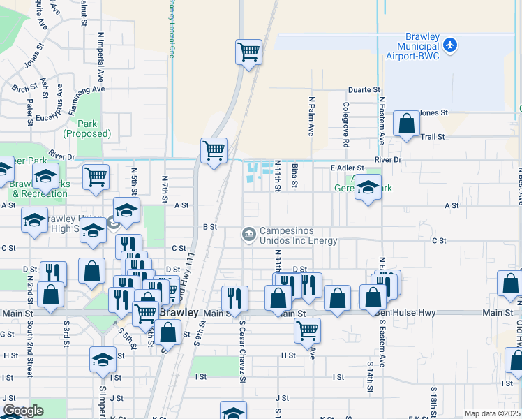 map of restaurants, bars, coffee shops, grocery stores, and more near A Street in Brawley