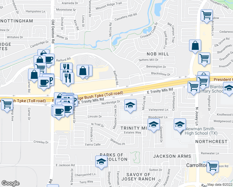 map of restaurants, bars, coffee shops, grocery stores, and more near President George Bush Turnpike in Carrollton