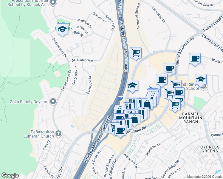 map of restaurants, bars, coffee shops, grocery stores, and more near 12661 Elizabeth Way in San Diego