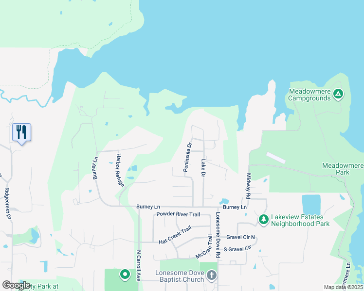 map of restaurants, bars, coffee shops, grocery stores, and more near 3190 Peninsula Drive in Southlake
