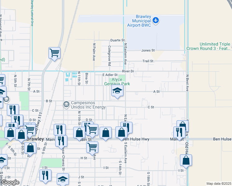 map of restaurants, bars, coffee shops, grocery stores, and more near 1401 B Street in Brawley