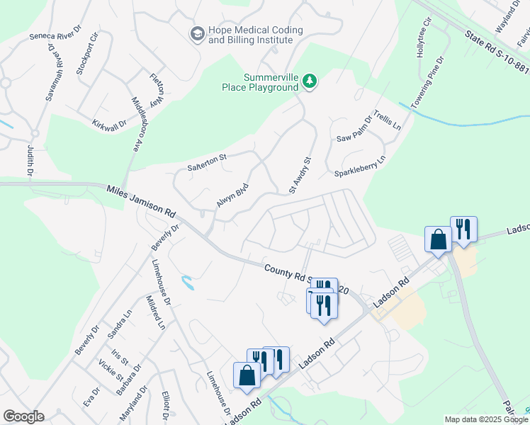 map of restaurants, bars, coffee shops, grocery stores, and more near 268 Rice Circle in Summerville