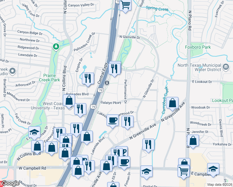 map of restaurants, bars, coffee shops, grocery stores, and more near 2305 Plaza Boulevard in Richardson