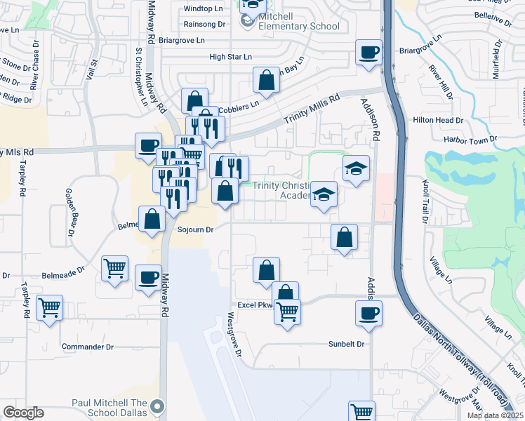 map of restaurants, bars, coffee shops, grocery stores, and more near 17007 Upper Bay Road in Addison