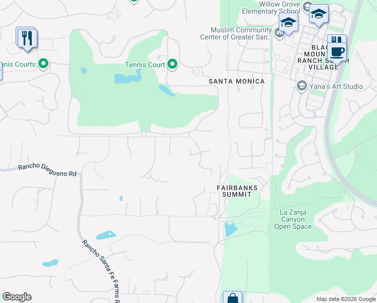 map of restaurants, bars, coffee shops, grocery stores, and more near 14858 Las Mananas in Rancho Santa Fe