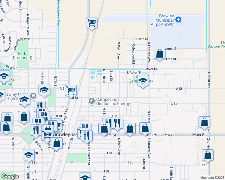 map of restaurants, bars, coffee shops, grocery stores, and more near 1165 B Street in Brawley