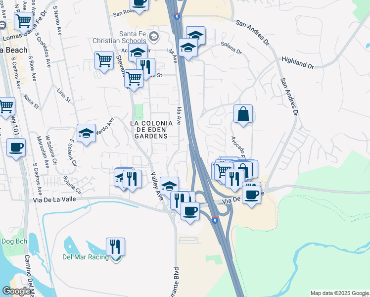 map of restaurants, bars, coffee shops, grocery stores, and more near 15897 Highland Court in Solana Beach