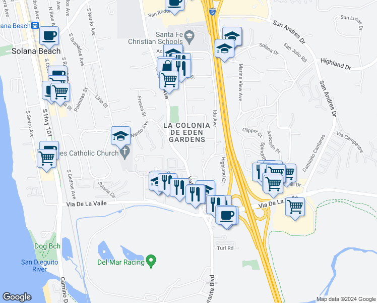 map of restaurants, bars, coffee shops, grocery stores, and more near 854 Valley Avenue in Solana Beach