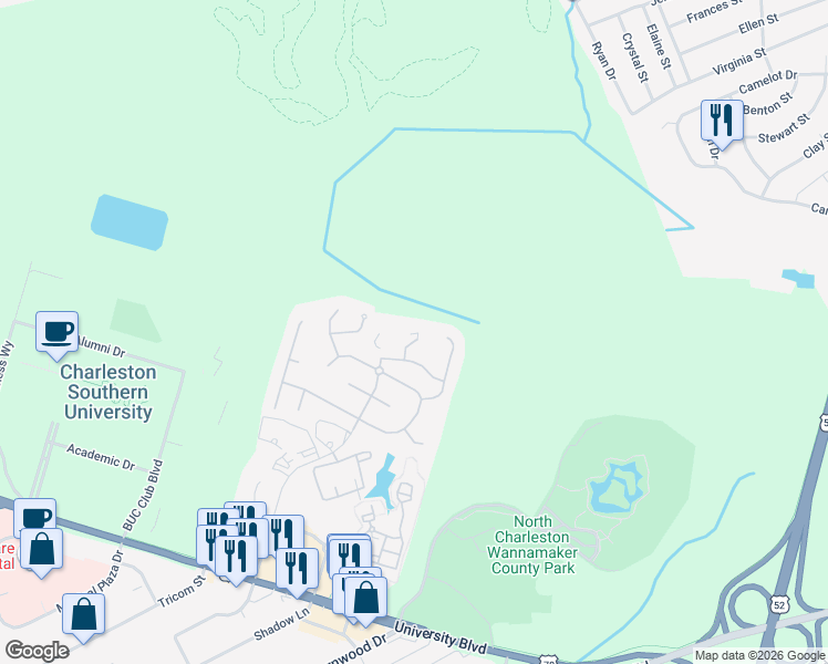 map of restaurants, bars, coffee shops, grocery stores, and more near 2472 Deer Ridge Lane in North Charleston