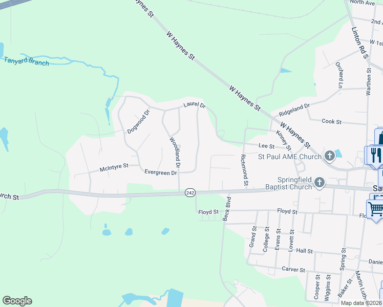 map of restaurants, bars, coffee shops, grocery stores, and more near 650 Evergreen Drive in Sandersville