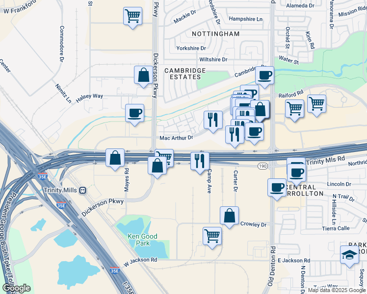 map of restaurants, bars, coffee shops, grocery stores, and more near 1220 West Trinity Mills Road in Carrollton