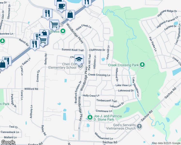 map of restaurants, bars, coffee shops, grocery stores, and more near 7006 Park Hill Trail in Sachse