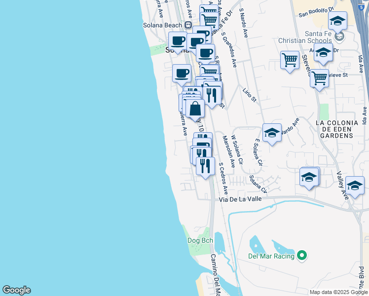 map of restaurants, bars, coffee shops, grocery stores, and more near 585 South Sierra Avenue in Solana Beach