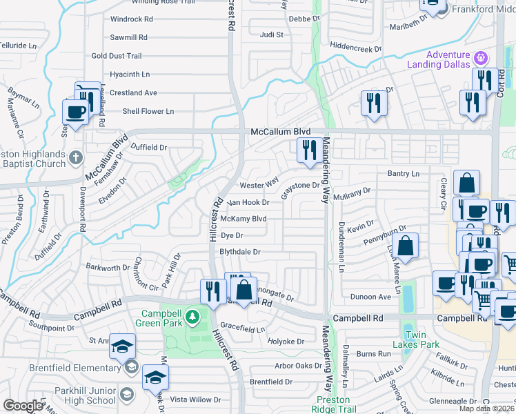 map of restaurants, bars, coffee shops, grocery stores, and more near 7115 McKamy Boulevard in Dallas