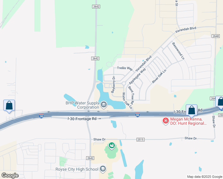 map of restaurants, bars, coffee shops, grocery stores, and more near 2925 Lakewood Lane in Royse City