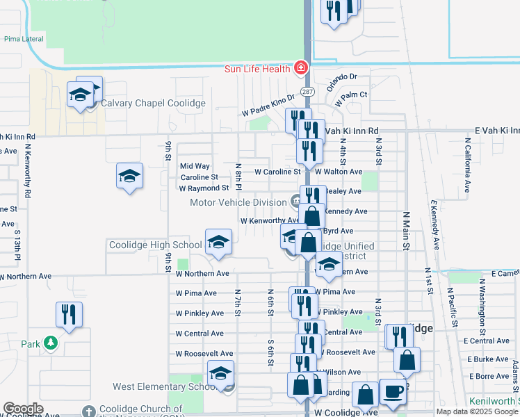 map of restaurants, bars, coffee shops, grocery stores, and more near 616 North 6th Place in Coolidge