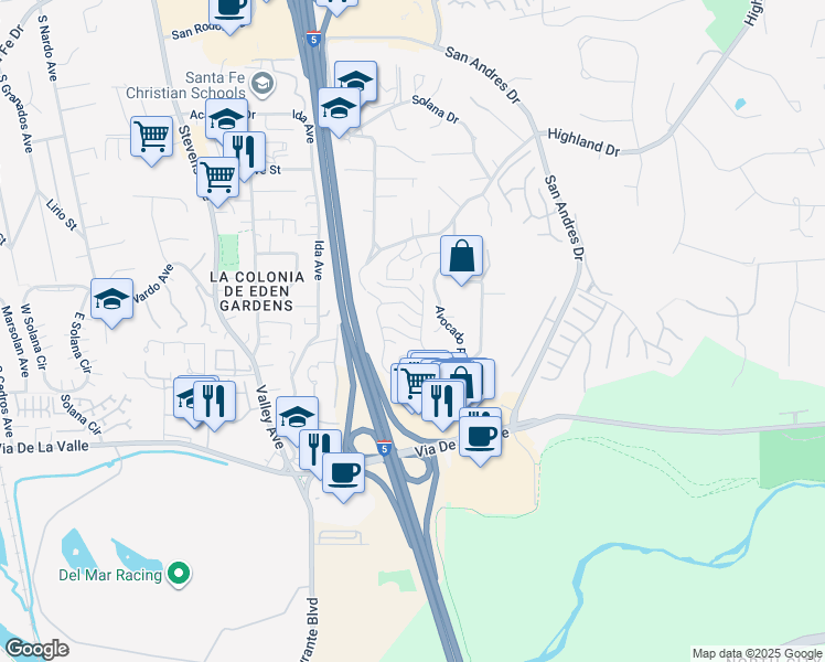 map of restaurants, bars, coffee shops, grocery stores, and more near 1043 Freedom Court in Del Mar