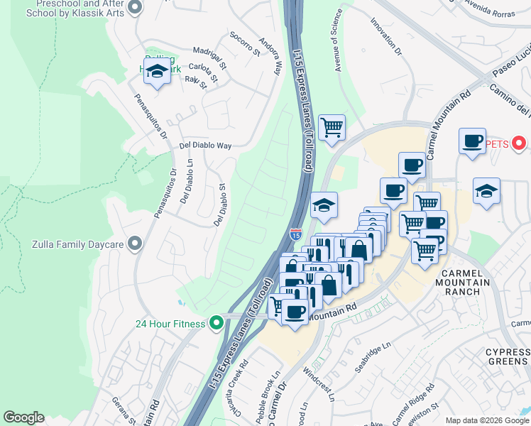 map of restaurants, bars, coffee shops, grocery stores, and more near 12641 Elizabeth Way in San Diego