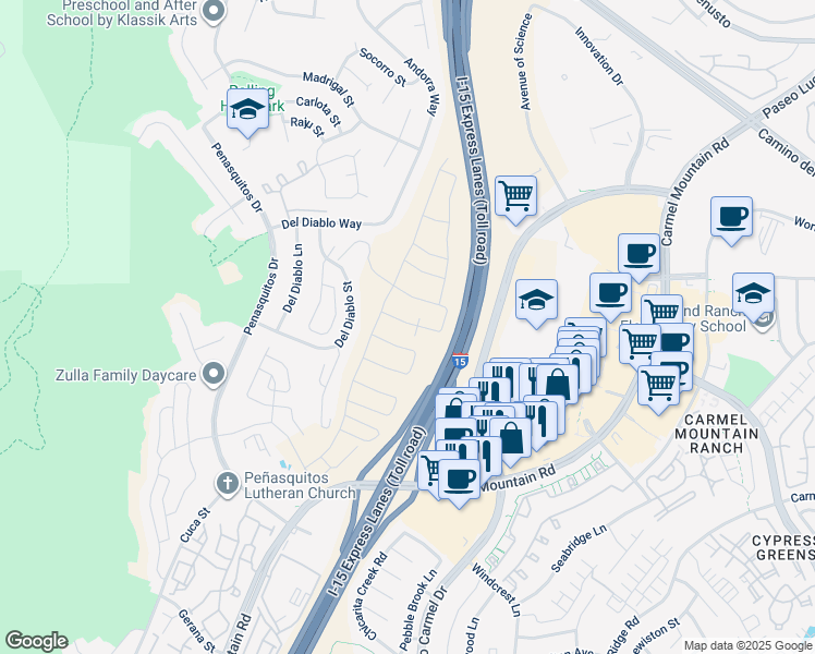 map of restaurants, bars, coffee shops, grocery stores, and more near 12639 Elizabeth Way in San Diego