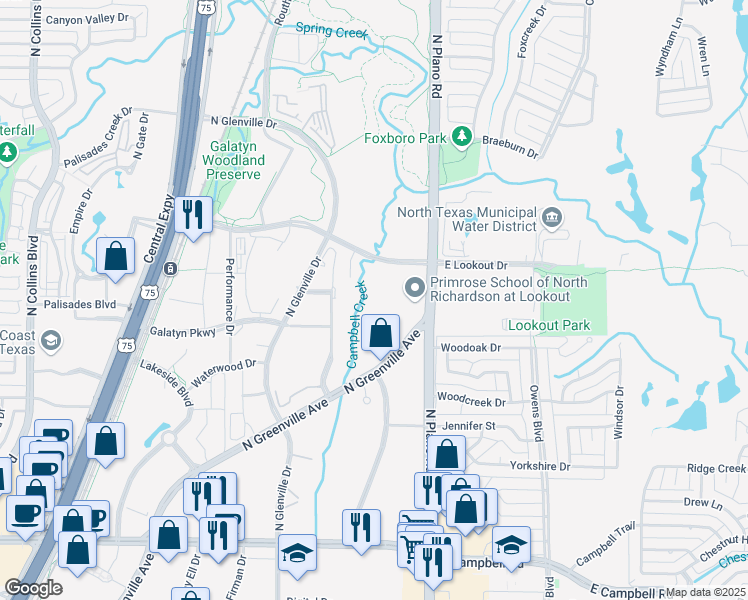 map of restaurants, bars, coffee shops, grocery stores, and more near 1300 East Lookout Drive in Richardson