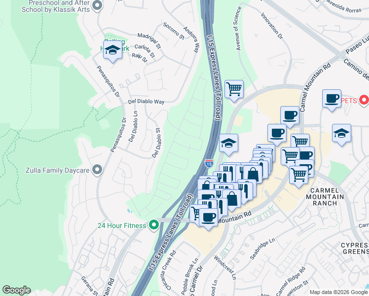 map of restaurants, bars, coffee shops, grocery stores, and more near Escondido Freeway in San Diego