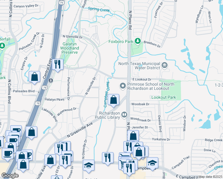 map of restaurants, bars, coffee shops, grocery stores, and more near 1300 East Lookout Drive in Richardson