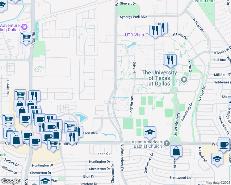 map of restaurants, bars, coffee shops, grocery stores, and more near in Richardson