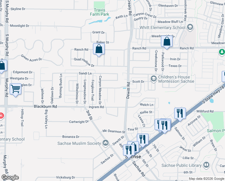 map of restaurants, bars, coffee shops, grocery stores, and more near 6814 Indian Meadow Court in Sachse