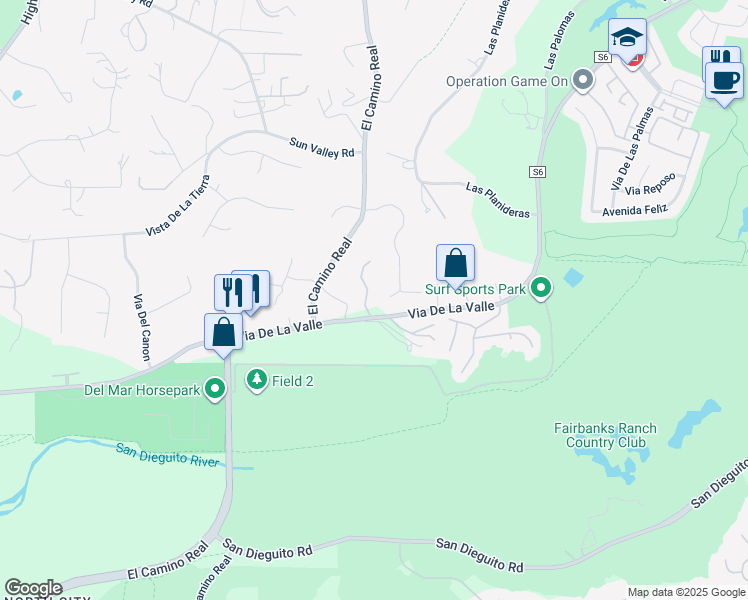 map of restaurants, bars, coffee shops, grocery stores, and more near 14817 Arroyo Rosita in Del Mar