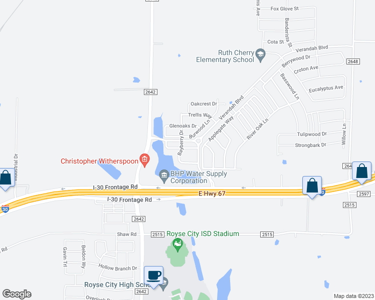 map of restaurants, bars, coffee shops, grocery stores, and more near 2925 Lakewood Lane in Royse City