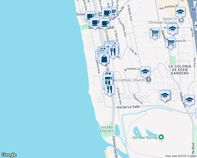 map of restaurants, bars, coffee shops, grocery stores, and more near 585 South Sierra Avenue in Solana Beach