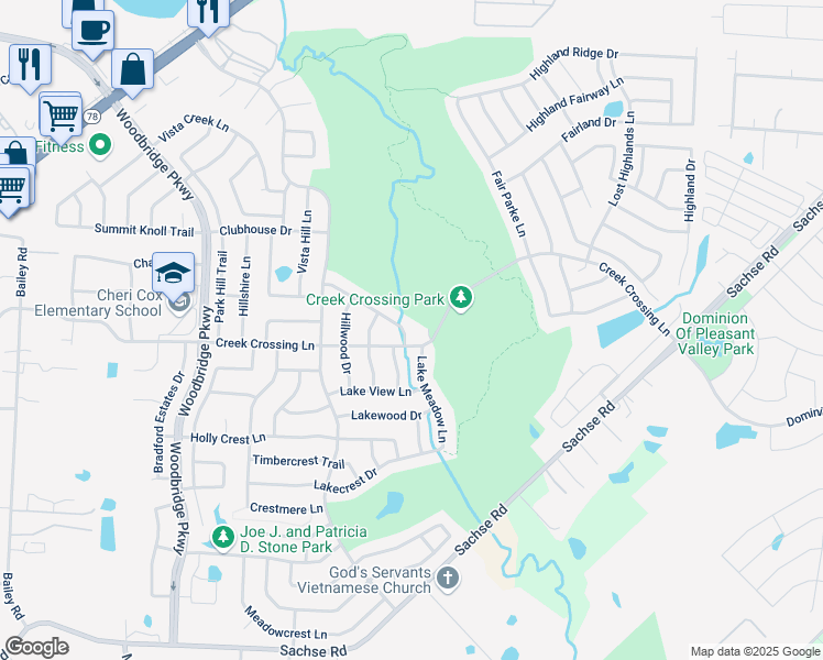 map of restaurants, bars, coffee shops, grocery stores, and more near 6527 Hillview Lane in Sachse