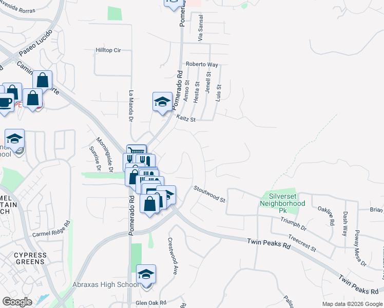 map of restaurants, bars, coffee shops, grocery stores, and more near 14815 Deerwood Street in Poway