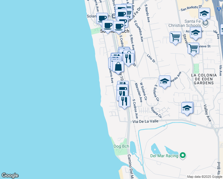 map of restaurants, bars, coffee shops, grocery stores, and more near 585 South Sierra Avenue in Solana Beach