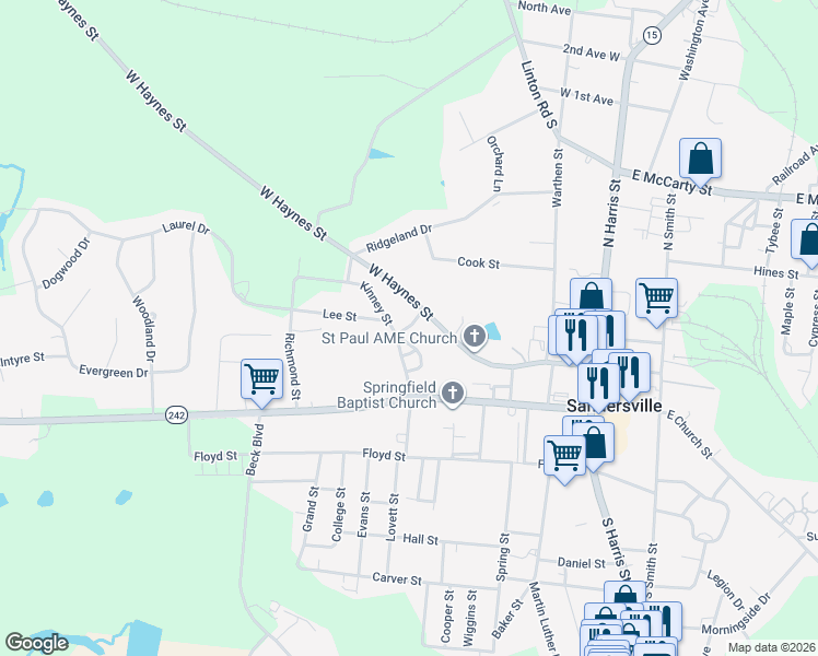 map of restaurants, bars, coffee shops, grocery stores, and more near 410 Martin Street in Sandersville