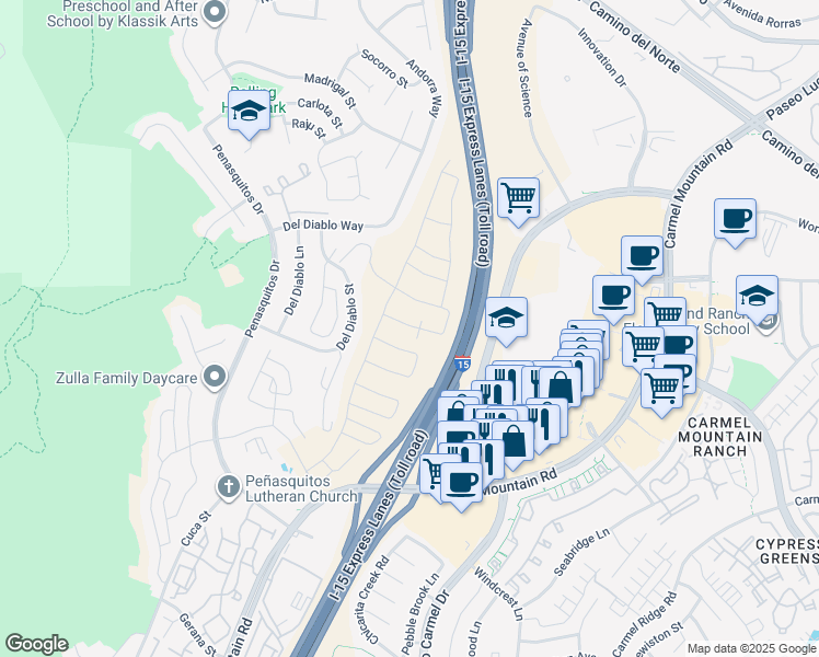 map of restaurants, bars, coffee shops, grocery stores, and more near 12639 Elizabeth Way in San Diego