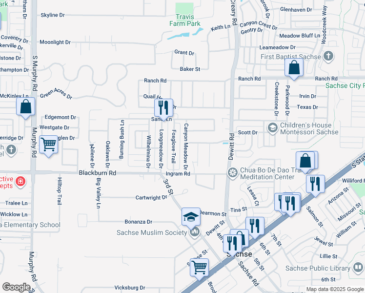 map of restaurants, bars, coffee shops, grocery stores, and more near 6807 Canyon Meadow Drive in Sachse