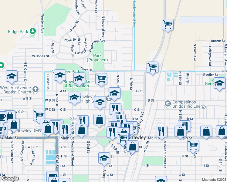 map of restaurants, bars, coffee shops, grocery stores, and more near 401 A Street in Brawley