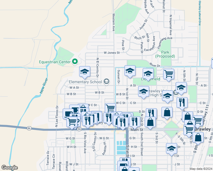 map of restaurants, bars, coffee shops, grocery stores, and more near 245 West A Street in Brawley