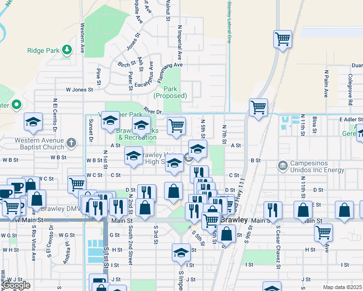 map of restaurants, bars, coffee shops, grocery stores, and more near North Imperial Avenue & A Street in Brawley