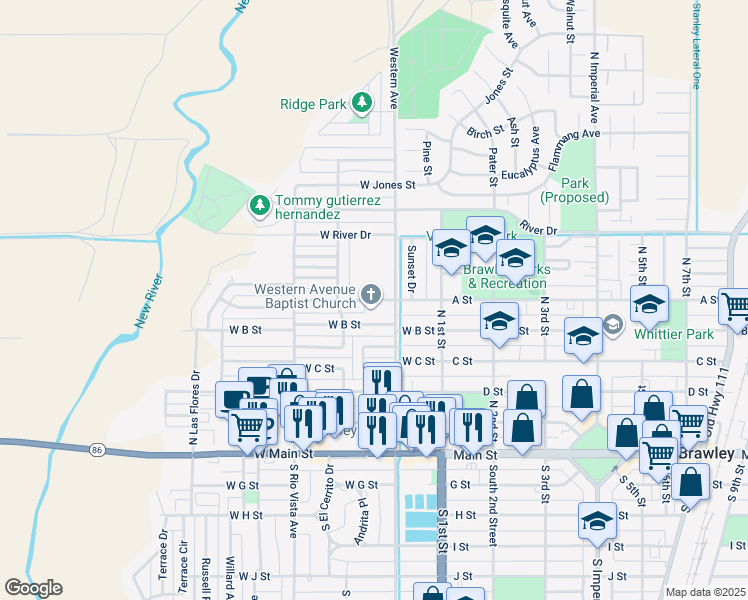 map of restaurants, bars, coffee shops, grocery stores, and more near 245 West A Street in Brawley