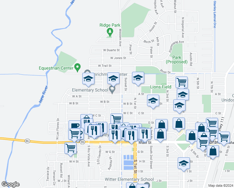 map of restaurants, bars, coffee shops, grocery stores, and more near 225 West A Street in Brawley